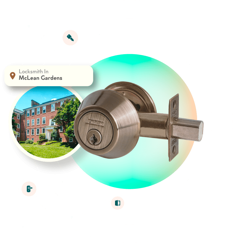 A Chrome Deadbolt With A Picture Of The McLean Gardens Neighborhood In Washington, DC, In The Background.