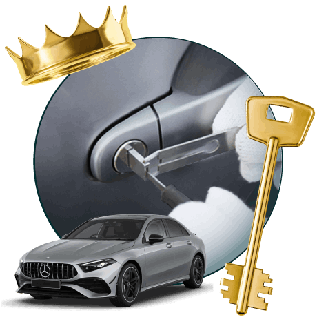 Round Image Of A Locksmith Unlocking A Car, Encircled By A Mercedes Vehicle, Gold Crown, And Master Key.