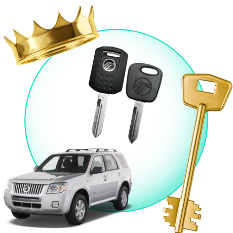 A Circle With Mercury Car Keys, Surrounded By A Mercury Vehicle, A Gold Crown, And A Master Key.