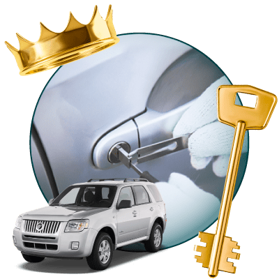 Round Image Of A Locksmith Unlocking A Car, Encircled By A Mercury Vehicle, Gold Crown, And Master Key.