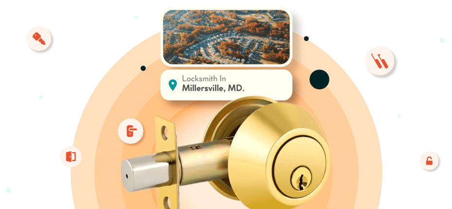 A Framed Picture Of Millersville City In Anne Arundel County Is Displayed Above A Golden, Double-Cylinder Deadbolt Lock.