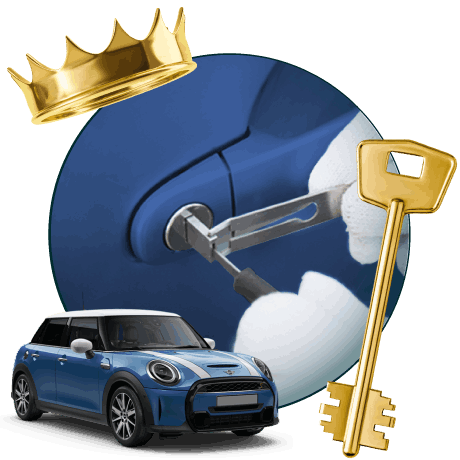 Round Image Of A Locksmith Unlocking A Car, Encircled By A Mini Vehicle, Gold Crown, And Master Key.