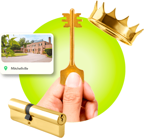 A Locksmith's Hand Holding A Gold Master Key Near A Gold Crown, A Golden Cylinder Lock, And An Image Of Mitchellville In Prince George's County.