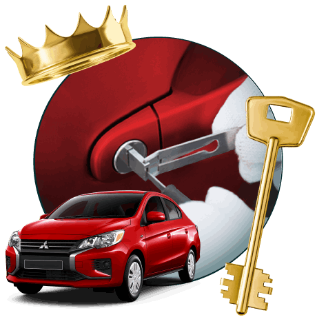 Round Image Of A Locksmith Unlocking A Car, Encircled By A Mitsubishi Vehicle, Gold Crown, And Master Key.
