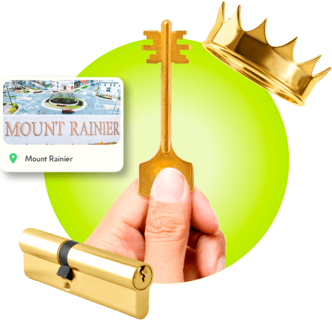 A Locksmith's Hand Holding A Gold Master Key Near A Gold Crown, A Golden Cylinder Lock, And An Image Of Mount Rainier In Prince George's County.
