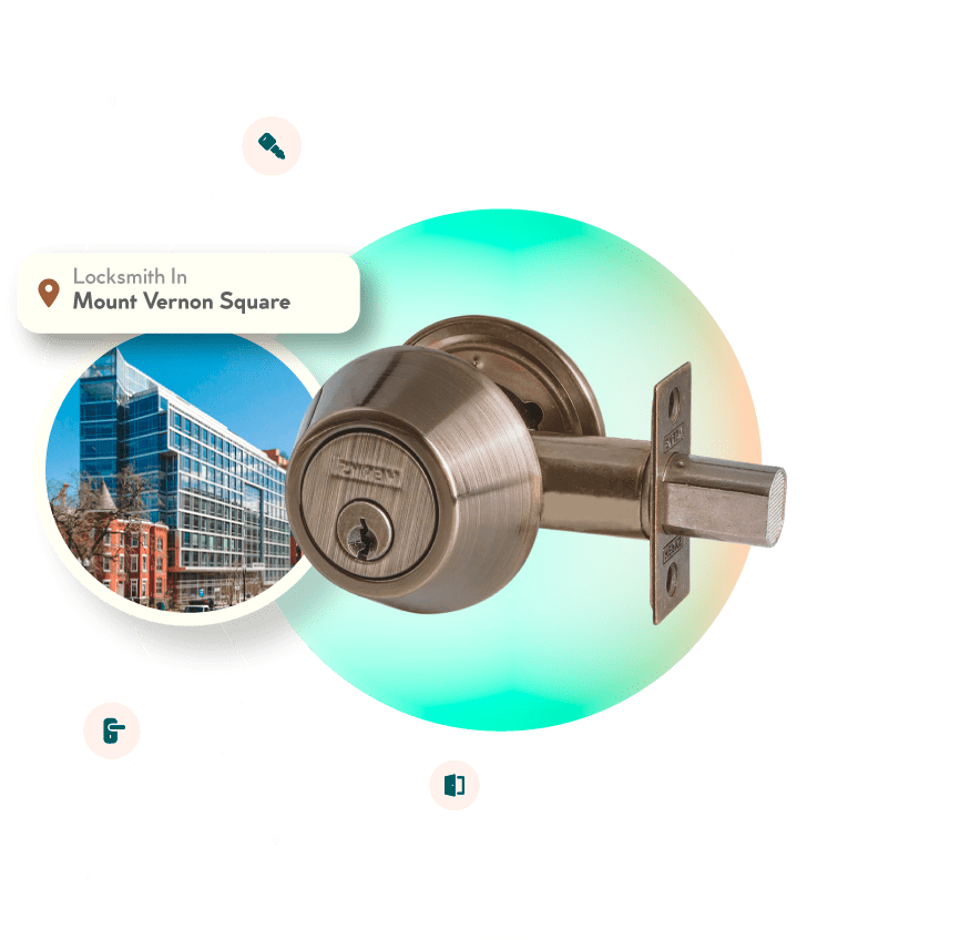 A Chrome Deadbolt With A Picture Of The Mount Vernon Square Neighborhood In Washington, DC, In The Background.