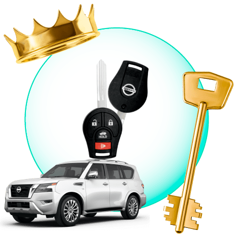 A Circle With Nissan Car Keys, Surrounded By A Nissan Vehicle, A Gold Crown, And A Master Key.