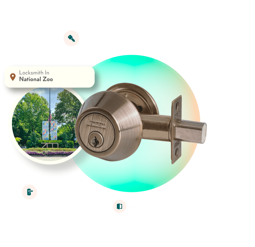 A Chrome Deadbolt With A Picture Of The National Zoo Neighborhood In Washington, DC, In The Background.