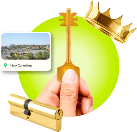 A Locksmith's Hand Holding A Gold Master Key Near A Gold Crown, A Golden Cylinder Lock, And An Image Of New Carrollton In Prince George's County.