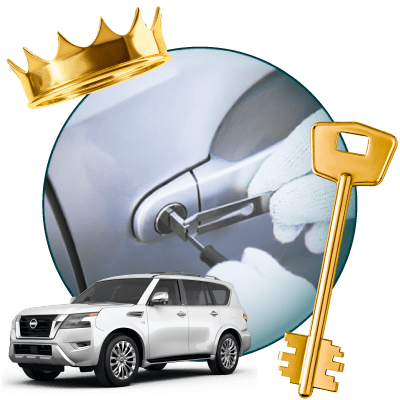 Round Image Of A Locksmith Unlocking A Car, Encircled By A Nissan Vehicle, Gold Crown, And Master Key.