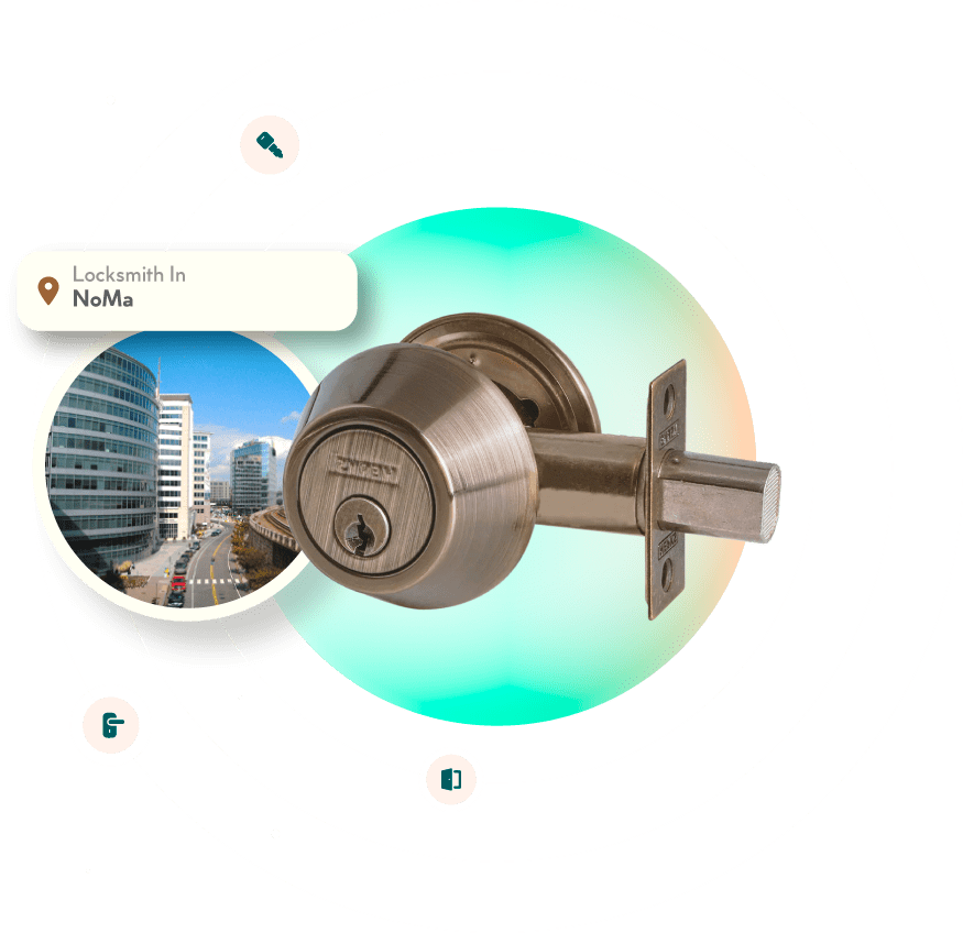 A Chrome Deadbolt With A Picture Of The NoMa Neighborhood In Washington, DC, In The Background.