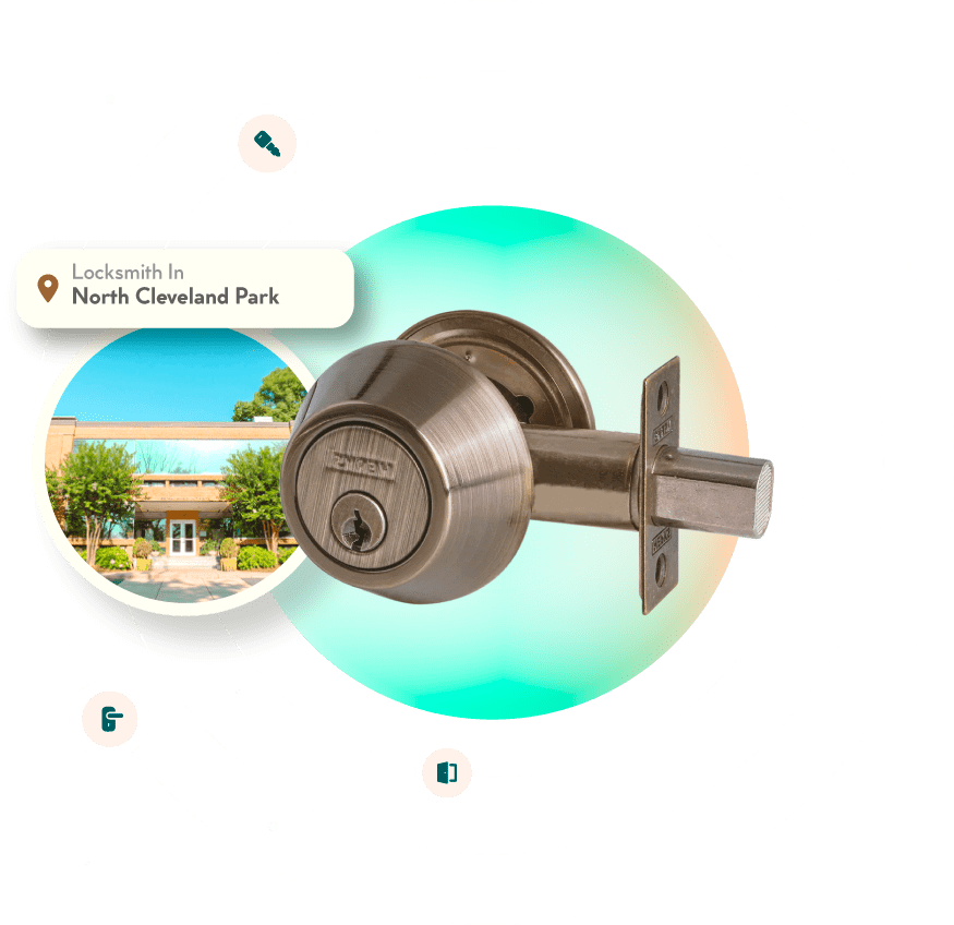 A Chrome Deadbolt With A Picture Of The North Cleveland Park Neighborhood In Washington, DC, In The Background.