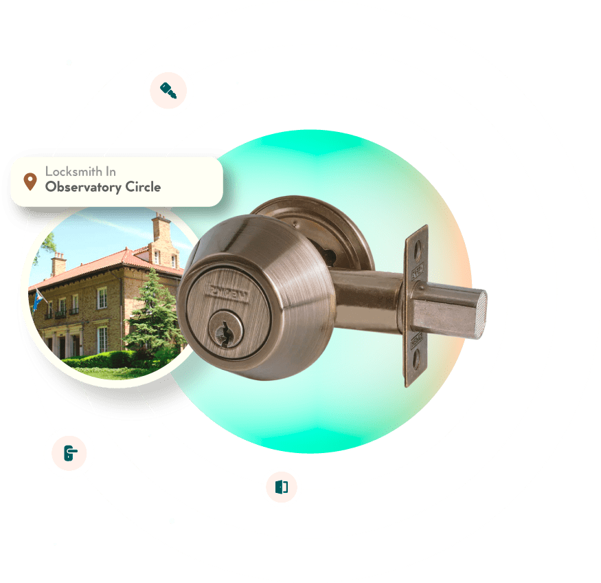 A Chrome Deadbolt With A Picture Of The Observatory Circle Neighborhood In Washington, DC, In The Background.