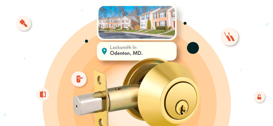 A Framed Picture Of Odenton City In Anne Arundel County Is Displayed Above A Golden, Double-Cylinder Deadbolt Lock.