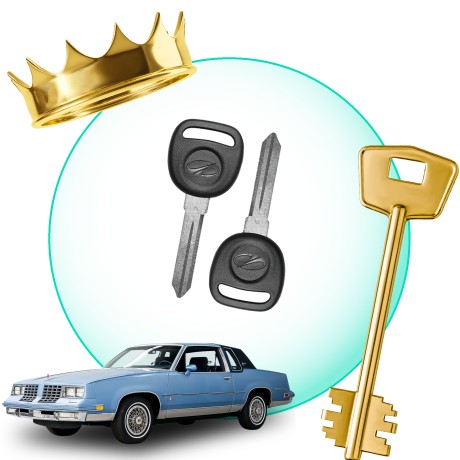 A Circle With Oldsmobile Car Keys, Surrounded By An Oldsmobile Vehicle, A Gold Crown, And A Master Key.