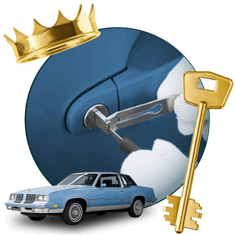 Round Image Of A Locksmith Unlocking A Car, Encircled By An Oldmobile Vehicle, Gold Crown, And Master Key.