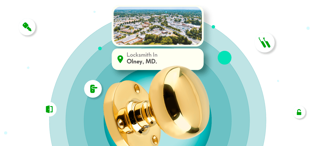 A Framed View Of Olney City In Howard County Is Displayed Above A Bright Brass Entry Door Knob.