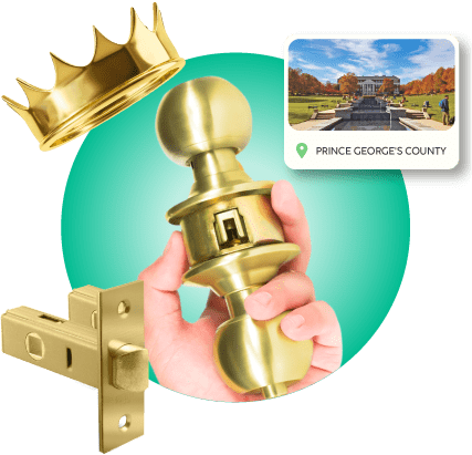 A Locksmith's Hand Holding A Bright Brass Cylindrical Door Knob Lock, Near A Golden Tubular Mortise Latch, A Golden Crown, And A Prince George's County Framed View.