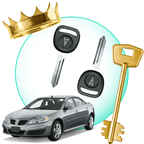 A Circle With Pontiac Car Keys, Surrounded By A Pontiac Vehicle, A Gold Crown, And A Master Key.