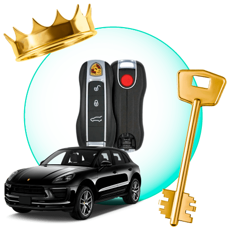 A Circle With Porsche Car Keys, Surrounded By A Porsche Vehicle, A Gold Crown, And A Master Key.