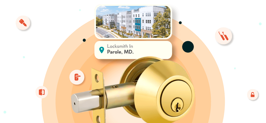 A Framed Picture Of Parole City In Anne Arundel County Is Displayed Above A Golden, Double-Cylinder Deadbolt Lock.
