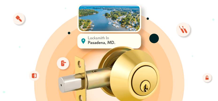 A Framed Picture Of Pasadena City In Anne Arundel County Is Displayed Above A Golden, Double-Cylinder Deadbolt Lock.