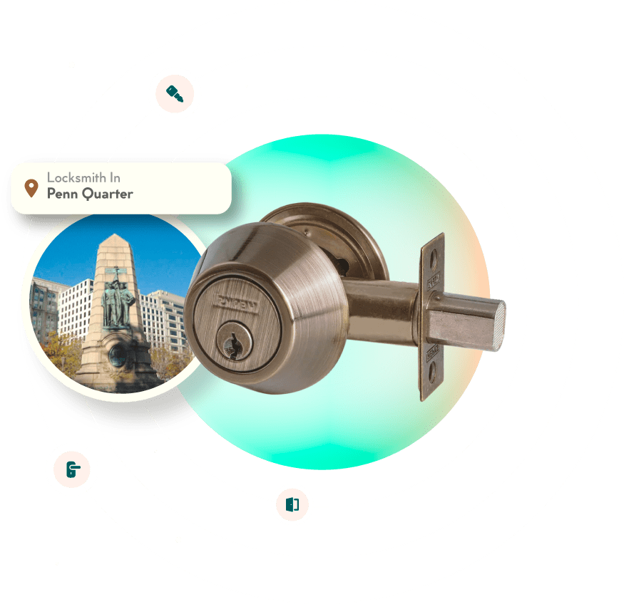 A Chrome Deadbolt With A Picture Of The Penn Quarter Neighborhood In Washington, DC, In The Background.