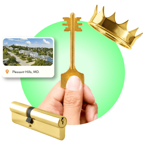 Locksmith Hand With Master Key Near A Gold Crown, A Brass Lock Cylinder, And A Framed Pleasant Hills City Photo In Harford County.