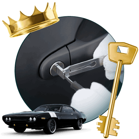 Round Image Of A Locksmith Unlocking A Car, Encircled By A Plymouth Vehicle, Gold Crown, And Master Key.