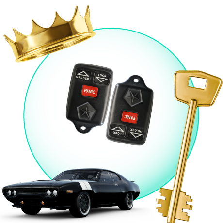 A Circle With Plymouth Car Keys, Surrounded By A Plymouth Vehicle, A Gold Crown, And A Master Key.