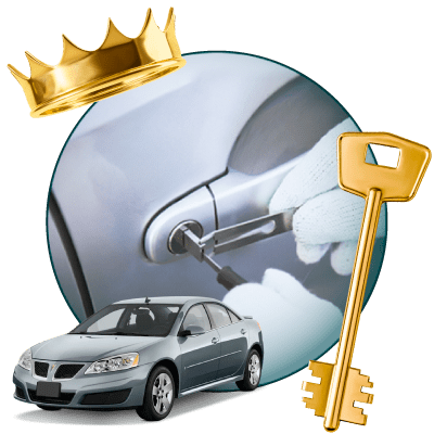 Round Image Of A Locksmith Unlocking A Car, Encircled By A Pontiac Vehicle, Gold Crown, And Master Key.