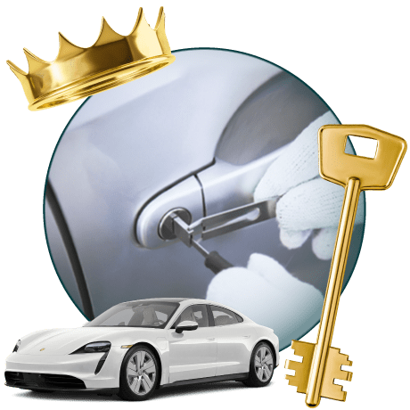 Round Image Of A Locksmith Unlocking A Car, Encircled By A Porsche Vehicle, Gold Crown, And Master Key.