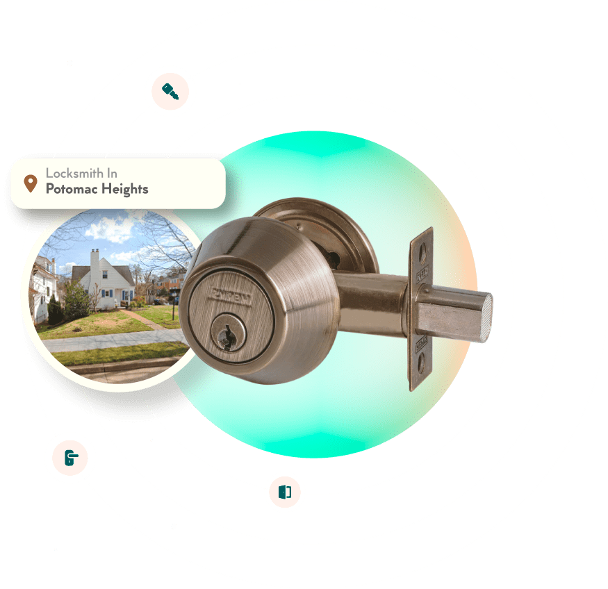 A Chrome Deadbolt With A Picture Of The Potomac Heights Neighborhood In Washington, DC, In The Background.