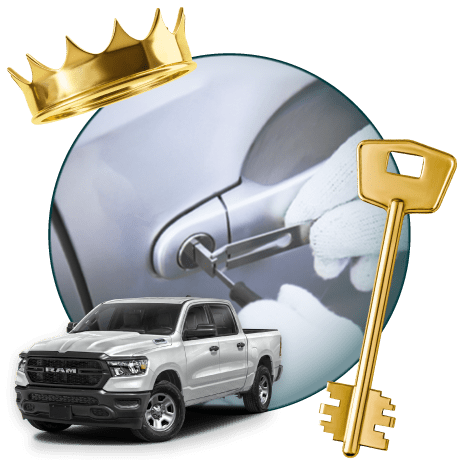 Round Image Of A Locksmith Unlocking A Car, Encircled By A Ram Vehicle, Gold Crown, And Master Key.