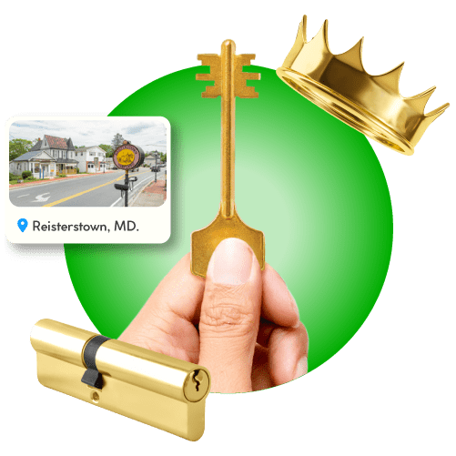 Locksmith Hand Holding Master Key Beside Gold Crown, Brass Lock Cylinder, And Framed Reisterstown View In Carroll County.