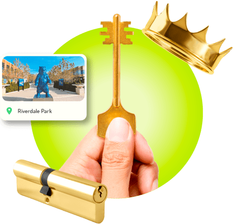 A Locksmith's Hand Holding A Gold Master Key Near A Gold Crown, A Golden Cylinder Lock, And An Image Of Riverdale Park In Prince George's County.