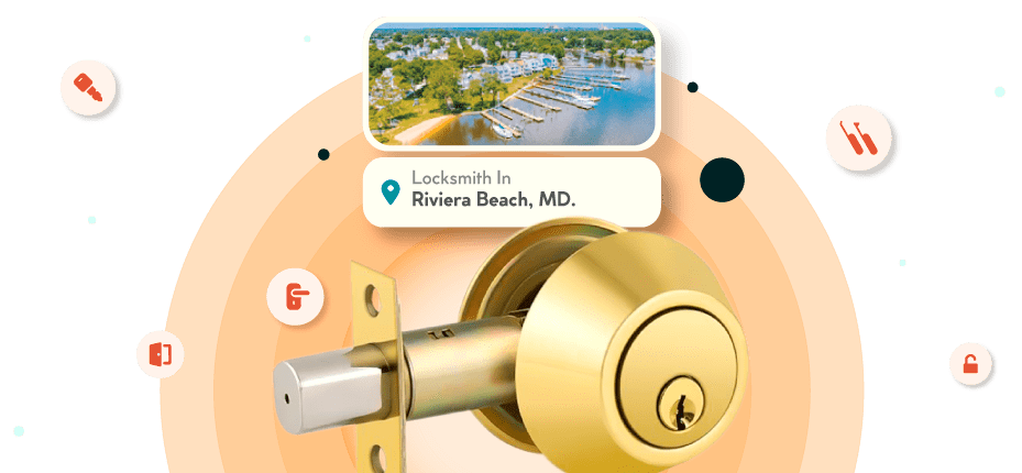 A Framed Picture Of Riviera Beach City In Anne Arundel County Is Displayed Above A Golden, Double-Cylinder Deadbolt Lock.