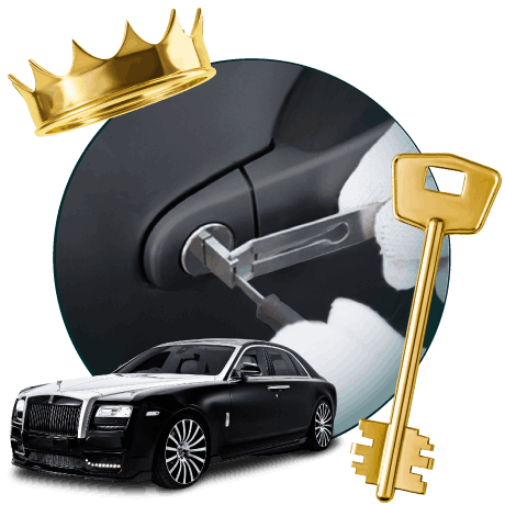 Round Image Of A Locksmith Unlocking A Car, Encircled By A Rolls-Royce Vehicle, Gold Crown, And Master Key.