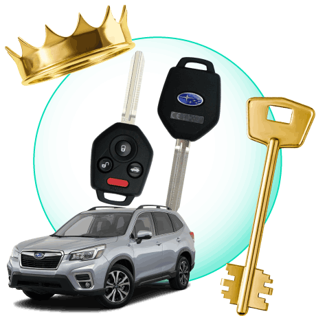 A Circle With Subaru Car Keys, Surrounded By A Subaru Vehicle, A Gold Crown, And A Master Key.