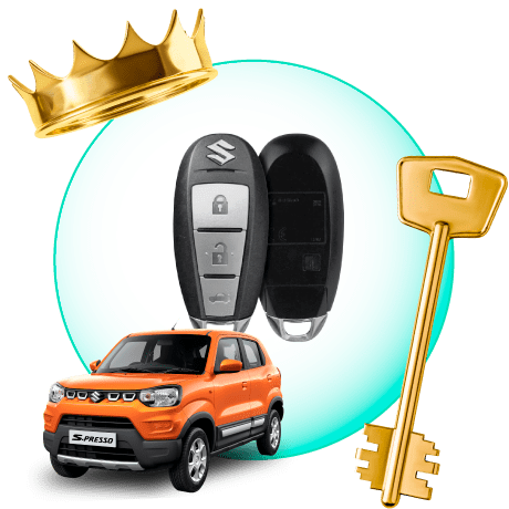 A Circle With Suzuki Car Keys, Surrounded By A Suzuki Vehicle, A Gold Crown, And A Master Key.