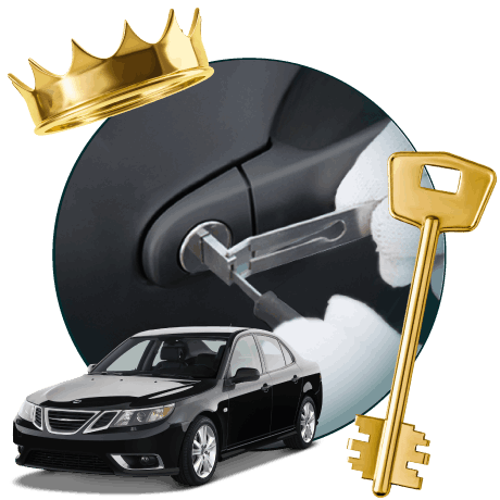 Round Image Of A Locksmith Unlocking A Car, Encircled By A Saab Vehicle, Gold Crown, And Master Key.
