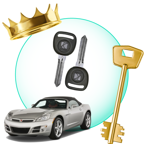 A Circle With Saturn Car Keys, Surrounded By A Saturn Vehicle, A Gold Crown, And A Master Key.