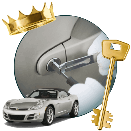Round Image Of A Locksmith Unlocking A Car, Encircled By A Saturn Vehicle, Gold Crown, And Master Key.