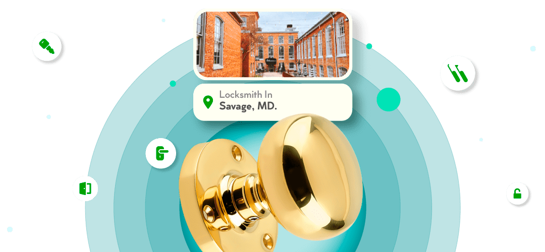 A Framed View Of Savage City In Howard County Is Displayed Above A Bright Brass Entry Door Knob.