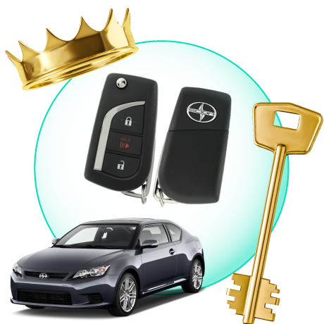 A Circle With Scion Car Keys, Surrounded By A Scion Vehicle, A Gold Crown, And A Master Key.