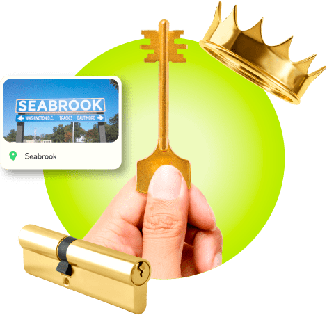 A Locksmith's Hand Holding A Gold Master Key Near A Gold Crown, A Golden Cylinder Lock, And An Image Of Seabrook In Prince George's County.