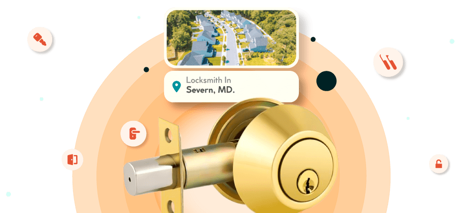 A Framed Picture Of Severn City In Anne Arundel County Is Displayed Above A Golden, Double-Cylinder Deadbolt Lock.