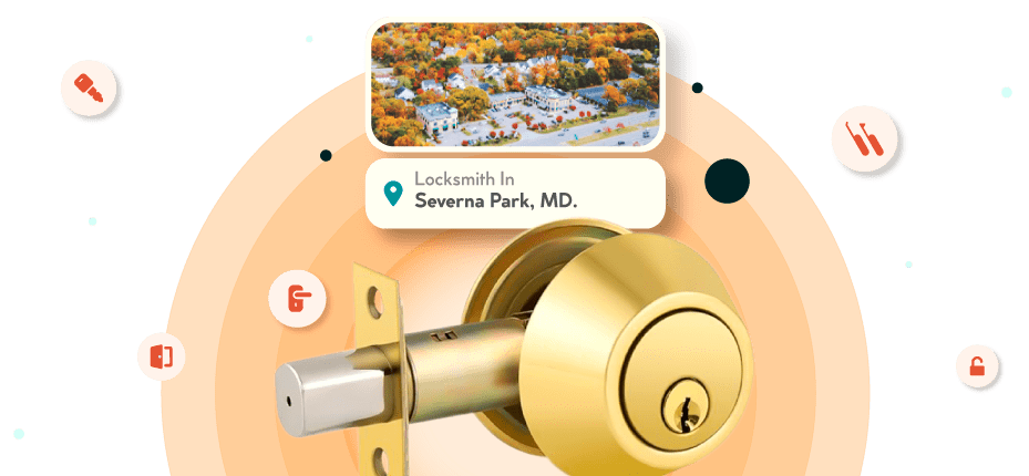 A Framed Picture Of Severna Park City In Anne Arundel County Is Displayed Above A Golden, Double-Cylinder Deadbolt Lock.