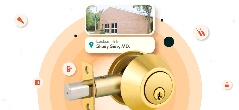 A Framed Picture Of Shady Side City In Anne Arundel County Is Displayed Above A Golden, Double-Cylinder Deadbolt Lock.