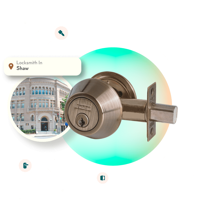 A Chrome Deadbolt With A Picture Of The Shaw Neighborhood In Washington, DC, In The Background.